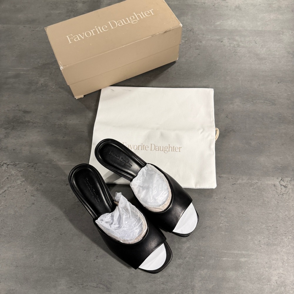 Favorite Daughter Katharine Slide Sandal Women 6.5 Black Leather Flare Heel $250